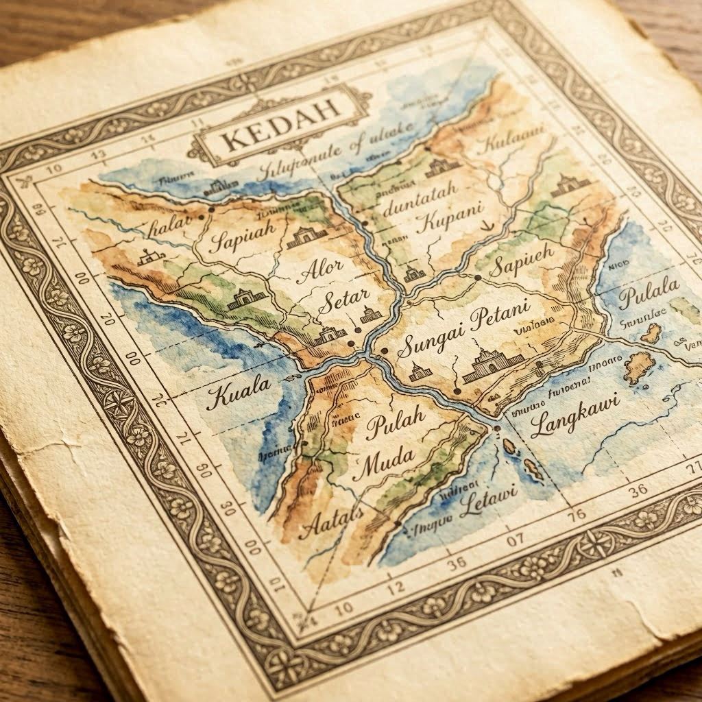 An antique atlas page depicting Kedah, Malaysia, with aged paper texture, intricate border designs, hand-lettered place names, and faded watercolor shading, softly lit to enhance the historical feel, macro lens capture for fine detail.