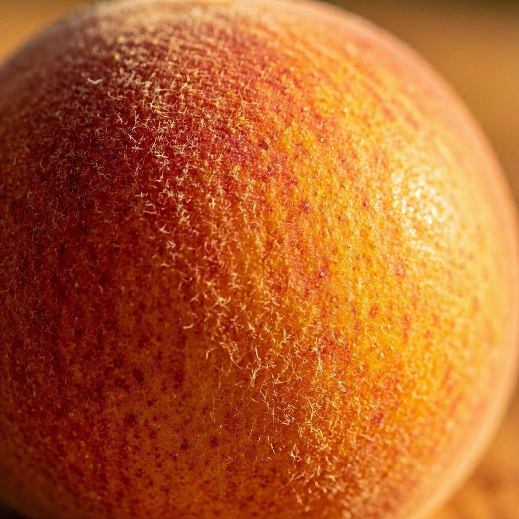 An extreme close-up macro shot of a peach’s velvety skin, showing fine fuzz and subtle gradient from deep red to golden yellow, illuminated by side lighting for texture emphasis, monochromatic warm palette, 100mm macro lens, f/2.8 aperture.