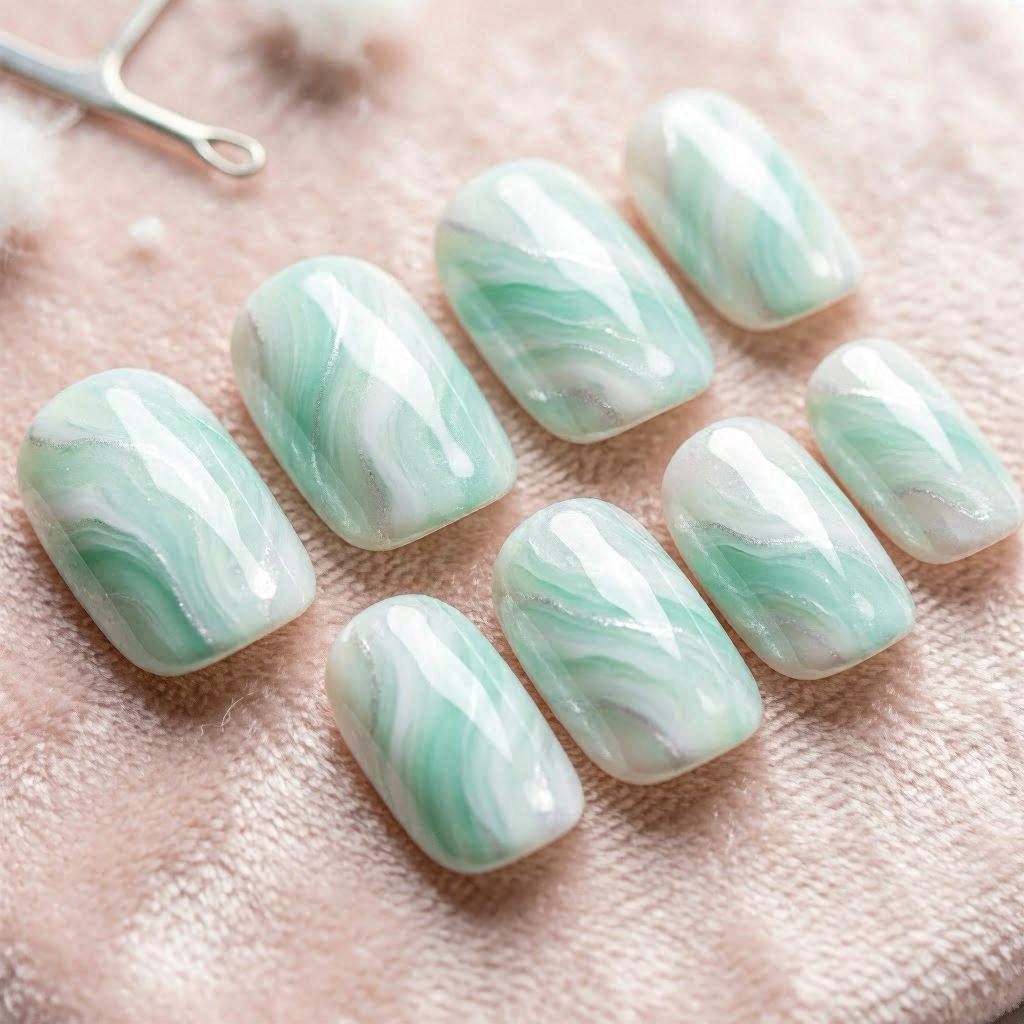 Glossy acrylic nails in swirling marble patterns of mint green and pearl white, placed on a blush velvet surface, enhanced by overhead softbox lighting to bring out the marbled depth, photographed with a tilt-shift lens for artistic focus transitions.