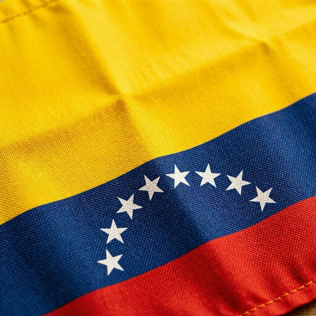 An ultra-detailed macro photograph of the Venezuelan flag’s yellow, blue, and red stripes with seven white stars in a semicircle, fabric texture visible with soft folds, illuminated by warm studio lighting, shallow depth of field, 100mm macro lens capturing vibrant color saturation and fine stitching.